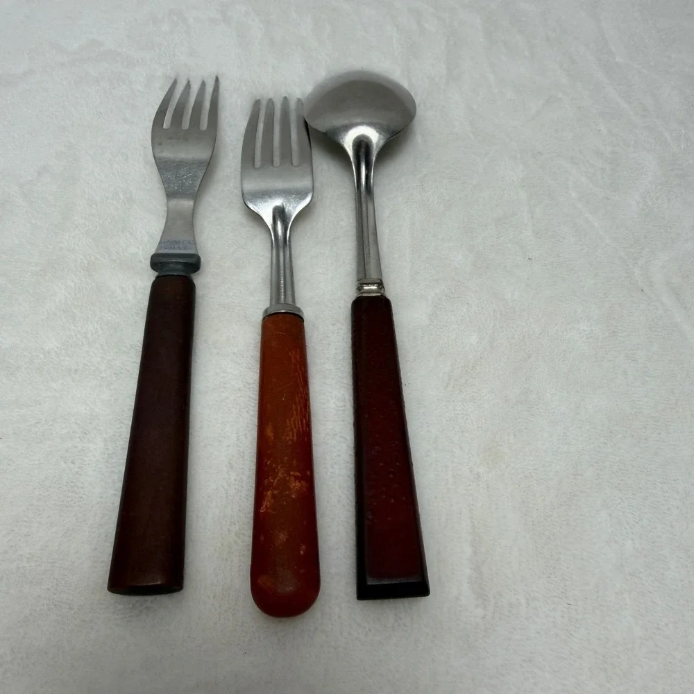 VTG Bakelite‎ Flatware Set 3pc Tapered Brown Orange Handles Forks Spoon *AS IS*